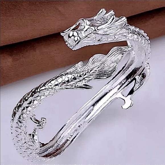 Sterling Silver Dragon Bangle Bracelet Unisex Viking Norse - Picture 2 of 6
